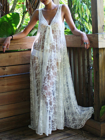 Airchics cache-maillot bretelle transparent noeud papillon dentelle v-cou femme blanche